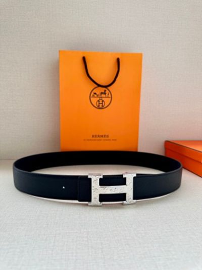 1:1  Hermes Black Leather Belt with Silver 'H' buckle Carved Buckle 3.8cm